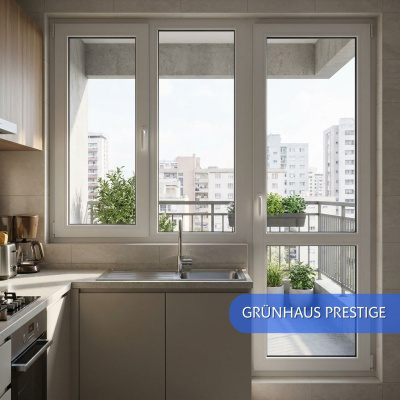 Балконные окна ПВХ Grunhaus Prestige, окно 1400х1300, балконная дверь 2100х700