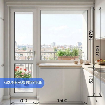 Балконный блок Grunhaus Prestige, окно 1400х1300, балконная дверь 2050х700